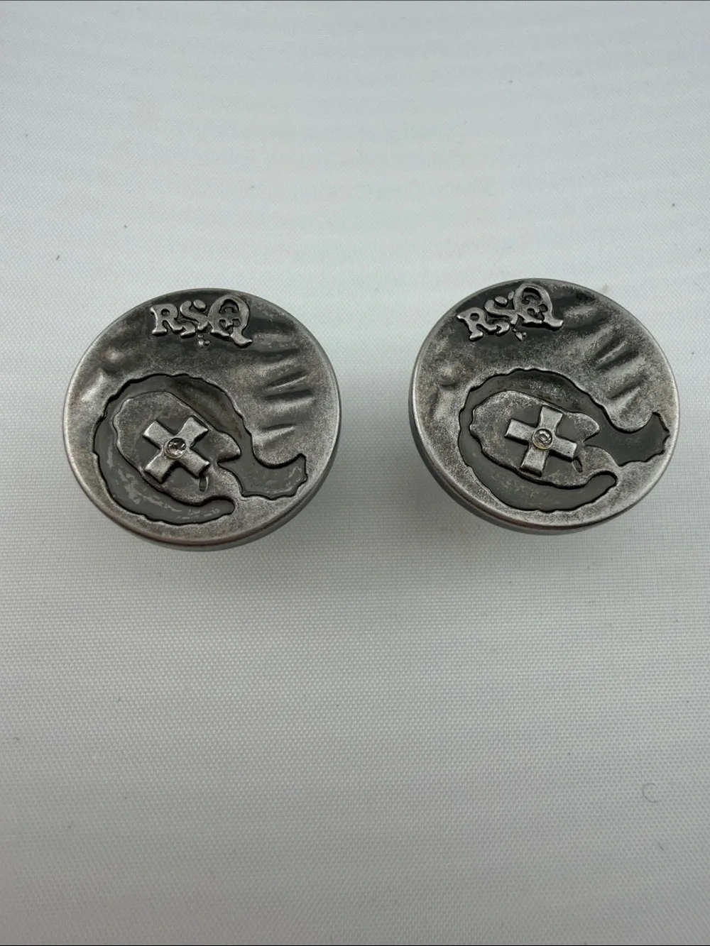 Vintage RSQ Silver-Tone Round Cufflinks with Raised Cross Emblem